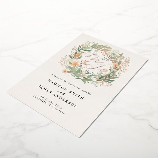 モノグラムロマンチック春フローラ結婚リース 箔招待状 (回転した状態)