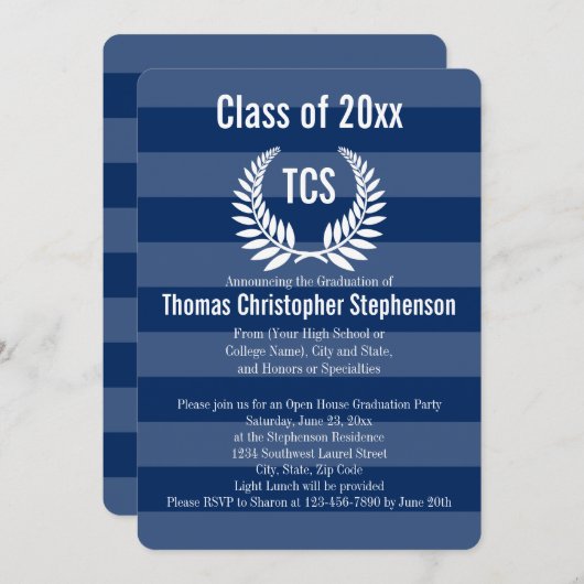 モノグラムローレルブルーストライプ卒業式パーティー 招待状 (正面/裏面)