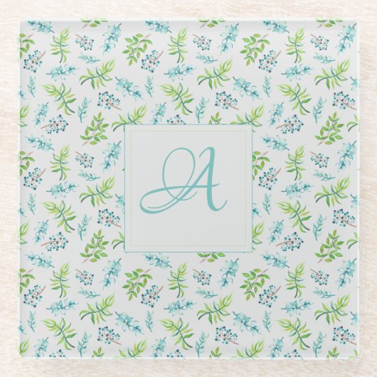 モノグラムワイルドフラワーズブルー結婚グリーンの装飾 ガラスコースター (正面)