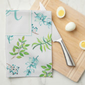 モノグラムワイルドフラワーズブルー結婚グリーンの装飾 キッチンタオル (四つ折り)