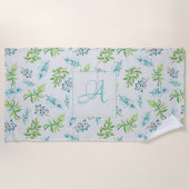 モノグラムワイルドフラワーズブルー結婚グリーンの装飾 ビーチタオル (正面)