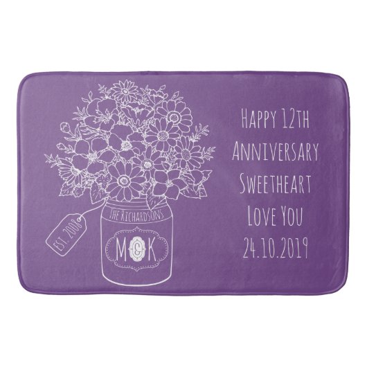 モノグラムワイルドフラワーブーケ手描きメイソンジャー バスマット (正面)