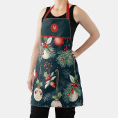 モノグラムヴィンテージクリスマスティール(緑がかった色)と赤パターン エプロン (インサイチュ)