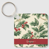 モノグラムヴィンテージクリスマスホリー&ベリーパターン キーホルダー (正面)