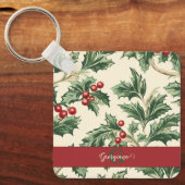 モノグラムヴィンテージクリスマスホリー&ベリーパターン キーホルダー (正面)