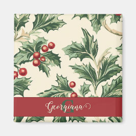 モノグラムヴィンテージクリスマスホリー&ベリーパターン マグネット