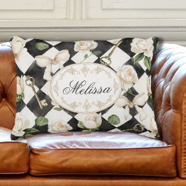モノグラムヴィンテージバラ花白黒ダイヤモンド アクセントクッション