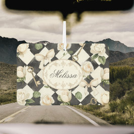 モノグラムヴィンテージバラ花白黒ダイヤモンド カーエアーフレッシュナー