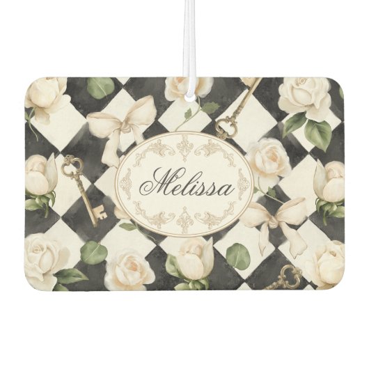 モノグラムヴィンテージバラ花白黒ダイヤモンド カーエアーフレッシュナー (正面)