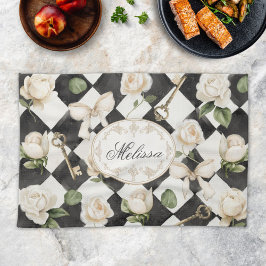 モノグラムヴィンテージバラ花白黒ダイヤモンド キッチンタオル