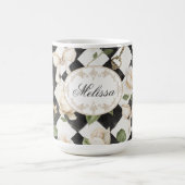 モノグラムヴィンテージバラ花白黒ダイヤモンド コーヒーマグカップ (中央)