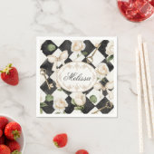 モノグラムヴィンテージバラ花白黒ダイヤモンド スタンダードカクテルナプキン (インサイチュ)