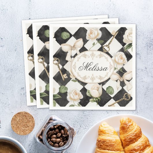 モノグラムヴィンテージバラ花白黒ダイヤモンド スタンダードカクテルナプキン