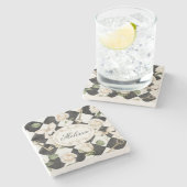 モノグラムヴィンテージバラ花白黒ダイヤモンド ストーンコースター (横)