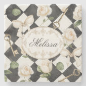 モノグラムヴィンテージバラ花白黒ダイヤモンド ストーンコースター (正面)