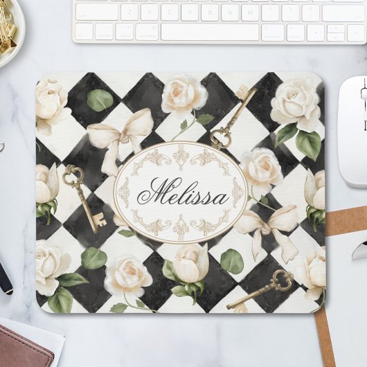 モノグラムヴィンテージバラ花白黒ダイヤモンド マウスパッド