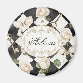 モノグラムヴィンテージバラ花白黒ダイヤモンド マグネット (正面)