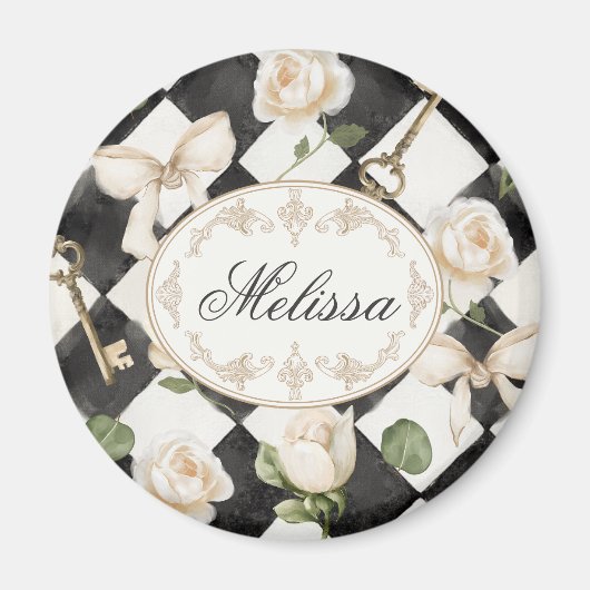 モノグラムヴィンテージバラ花白黒ダイヤモンド マグネット (正面)