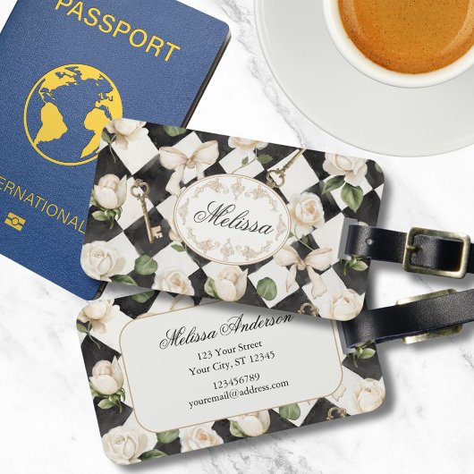 モノグラムヴィンテージバラ花白黒ダイヤモンド ラゲッジタグ