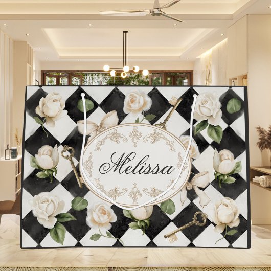 モノグラムヴィンテージバラ花白黒ダイヤモンド ラージペーパーバッグ