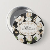 モノグラムヴィンテージバラ花白黒ダイヤモンド 缶バッジ (正面&裏面)