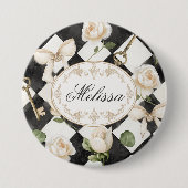 モノグラムヴィンテージバラ花白黒ダイヤモンド 缶バッジ (正面)