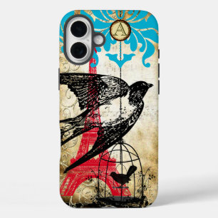 モノグラムヴィンテージバードエイフィエルタワースチームパンク iPhone 16 PLUSケース