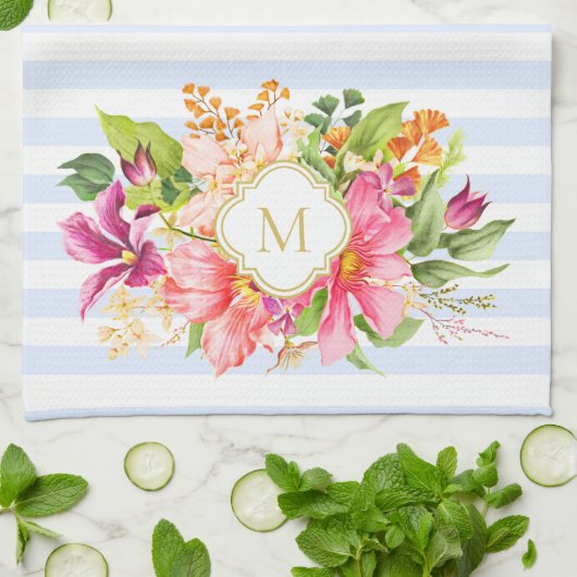 モノグラムヴィンテージフラワーズピンクパステルブルーストライプズ キッチンタオル (折り畳み)