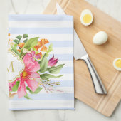 モノグラムヴィンテージフラワーズピンクパステルブルーストライプズ キッチンタオル (四つ折り)