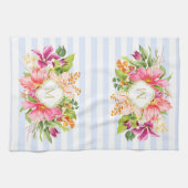 モノグラムヴィンテージフラワーズピンクパステルブルーストライプズ キッチンタオル (横)