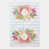 モノグラムヴィンテージフラワーズピンクパステルブルーストライプズ キッチンタオル (縦)