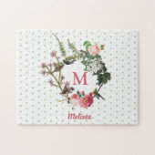 モノグラムヴィンテージフローラと鳥リース水玉模様 ジグソーパズル (横)