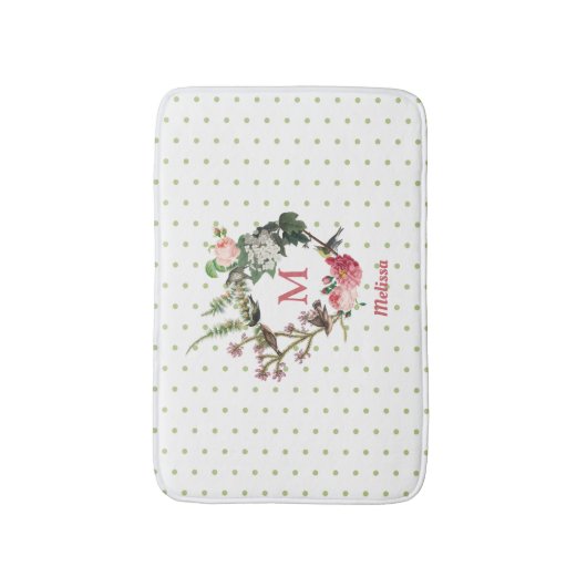 モノグラムヴィンテージフローラと鳥リース水玉模様 バスマット (正面縦)