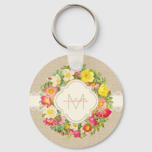 モノグラムヴィンテージフローラリースリネンレースキーチェーン キーホルダー (正面)