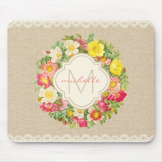 モノグラムヴィンテージフローラリースリネンレースマウスパッド マウスパッド (正面)