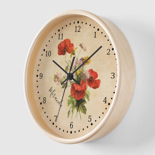 モノグラムヴィンテージブーケレッドポピー野生の花 壁時計 (傾斜)