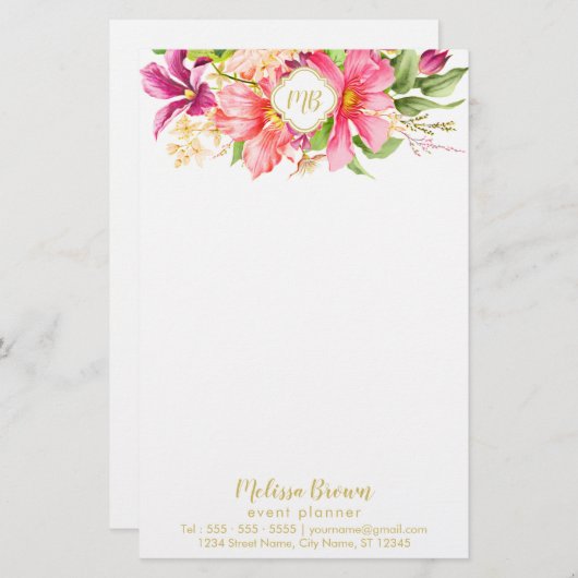 モノグラムヴィンテージ花桃紫色の文房具 便箋 (正面/裏面)