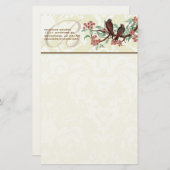 モノグラムヴィンテージ鳥の開花分岐文房具 便箋 (正面/裏面)