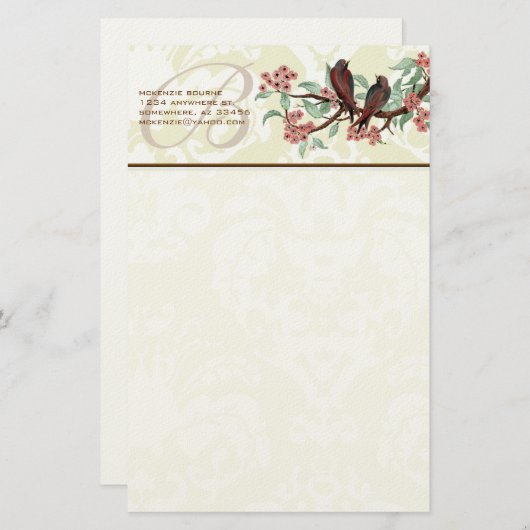 モノグラムヴィンテージ鳥の開花分岐文房具 便箋 (正面/裏面)