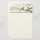 モノグラムヴィンテージ鳥の開花分岐文房具 便箋 (正面/裏面)