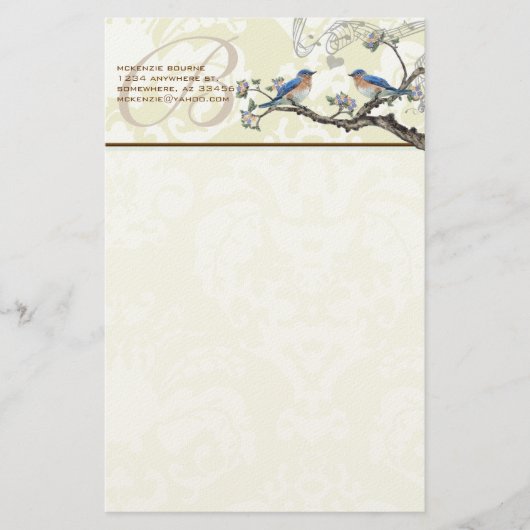 モノグラムヴィンテージ鳥の開花分岐文房具 便箋 (正面)