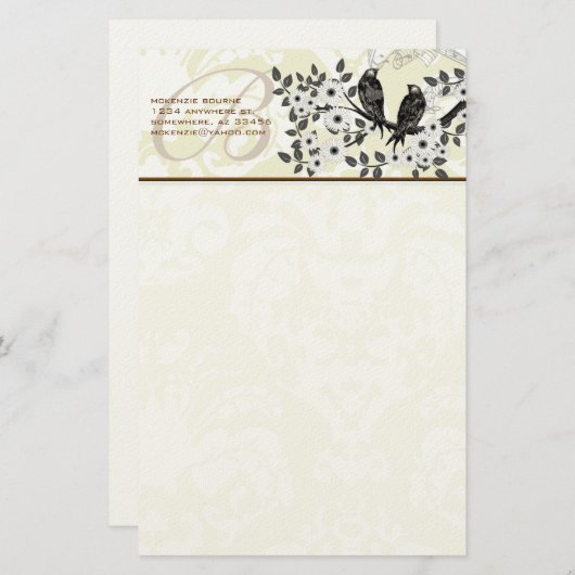 モノグラムヴィンテージ鳥類デイジー分岐文具 便箋 (正面/裏面)