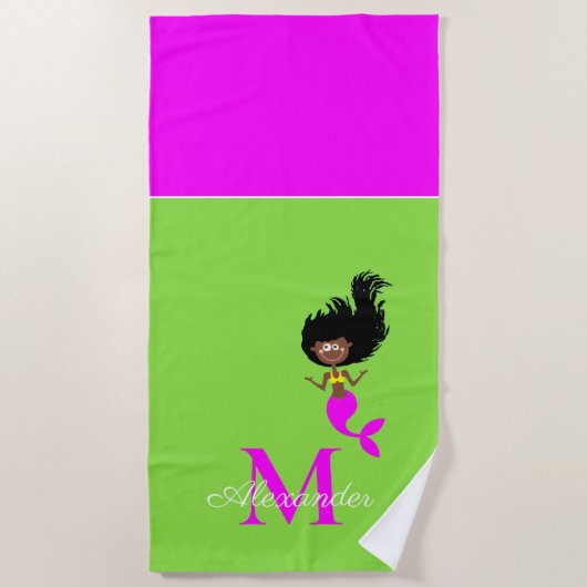 モノグラム人魚アフリカ系アメリカ人ブラウンブラックガール ビーチタオル (正面)