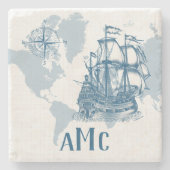 モノグラム付きカスタム航海の帆船 ストーンコースター (正面)