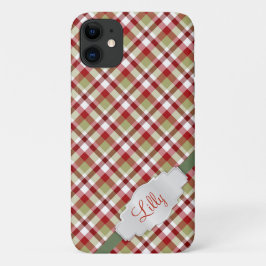 モノグラム付きクリスマスレッドホワイトグリーンプレイド iPhone 11 ケース