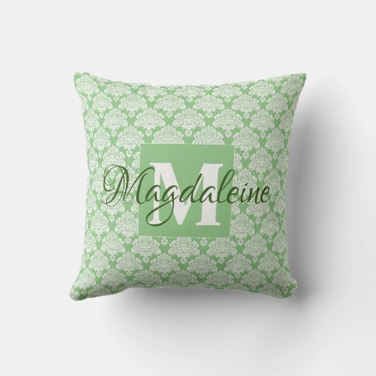 モノグラム付きセージ緑ダマスク枕 クッション (裏面)