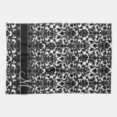モノグラム付きダマスクパターン – 白黒 キッチンタオル (横)