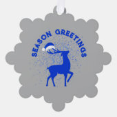 モノグラム付きトナカイのブルー/シルバーシーズングリーティングトナカイ オーナメントカード (正面)