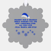 モノグラム付きトナカイのブルー/シルバーシーズングリーティングトナカイ オーナメントカード (裏面)