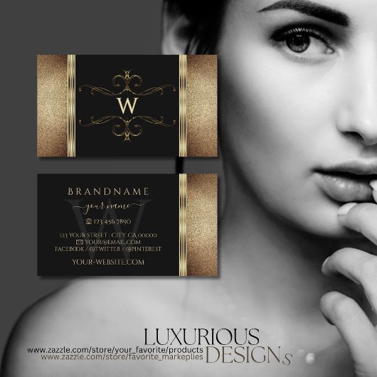 モノグラム付きノーブル黒金ゴールドグリッター装飾品 名刺